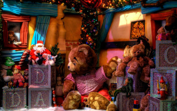 обоя праздничные, мягкие, игрушки, плюшевый, мишка, кубики, дед, мороз, праздник, новый, год, рождество