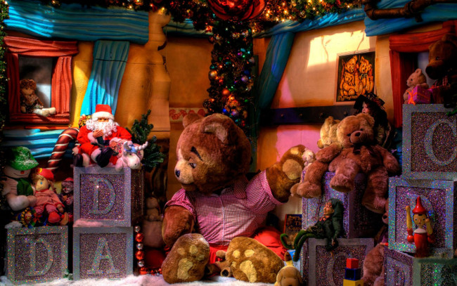 Обои картинки фото праздничные, мягкие, игрушки, плюшевый, мишка, кубики, дед, мороз, праздник, новый, год, рождество