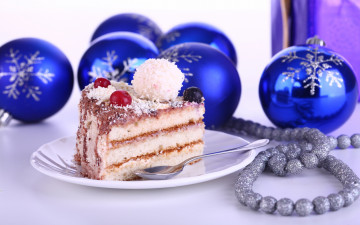 обоя дессерт, праздничные, угощения, новый, год, шары, торт, новогодние, украшения, синие