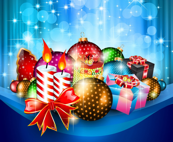 Обои картинки фото праздничные, векторная, графика, новый, год, свечи, подарки, шарики