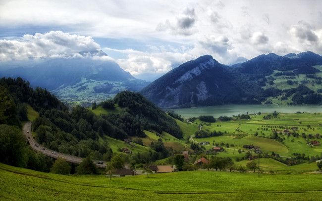 Обои картинки фото швейцария, штайнен, природа, горы, долина, облака