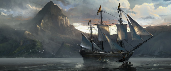 Обои картинки фото корабли, рисованные, флаг, горы, море, корабль