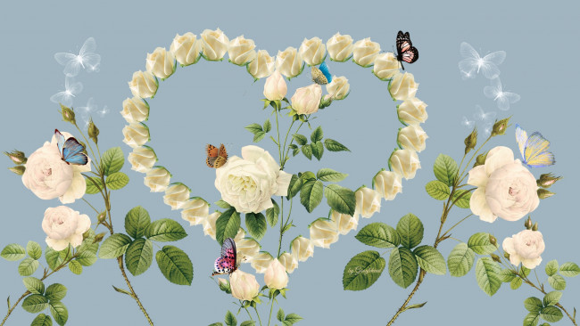Обои картинки фото разное, компьютерный дизайн, ветки, бабочки, фон, сердечко, розы