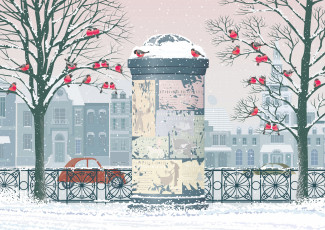 Картинка векторная+графика город+ city снег город снегири деревья автомобиль