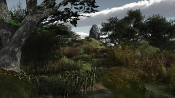 Картинка 3д+графика природа+ nature облака трава камень дерево