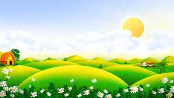 Картинка векторная+графика природа+ nature ромашки домик лето арт луг цветы солнце