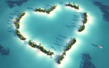 Картинка природа тропики сердечко пальмы острова океан яхта