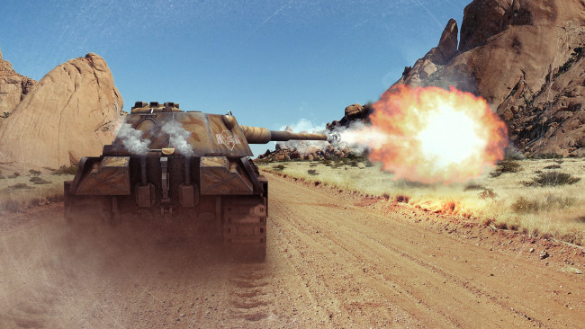 Обои картинки фото видео игры, мир танков , world of tanks, танк, горы, пантера, выстрел
