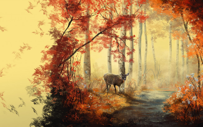 Обои картинки фото рисованное, животные, лес, олень