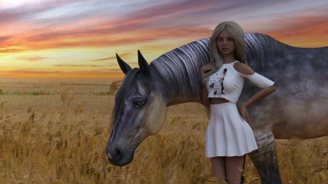 Обои картинки фото 3д графика, люди , people, лошадь, фон, взгляд, девушка