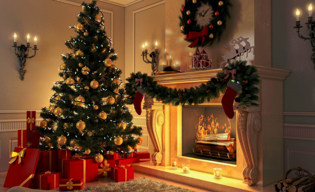 Обои картинки фото праздничные, Ёлки, камин, подарки, елка