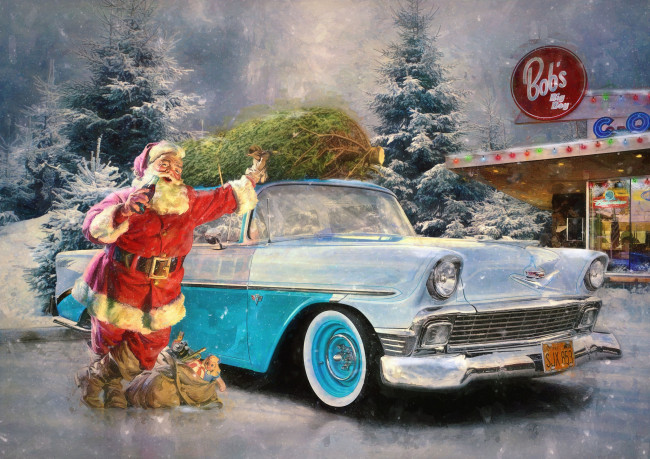 Обои картинки фото праздничные, рисованные, снег, зима, автомобиль, подарки, дед, мороз, ретро, праздник, санта, клаус