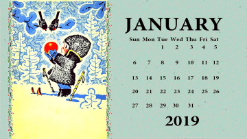Картинка календари праздники +салюты лыжи дерево зима снег птица ребенок