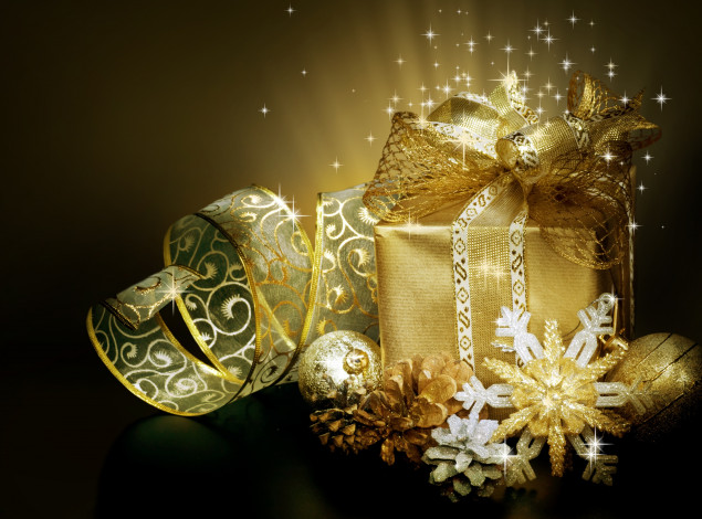 Обои картинки фото праздничные, подарки и коробочки, украшения, лента, бант, коробка, подарок, шишки, блестки