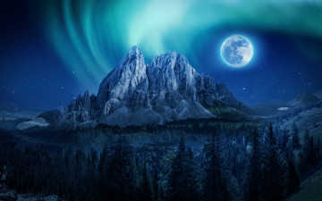 Картинка природа горы пейзаж небо сияние лес облака полнолуние луна красота
