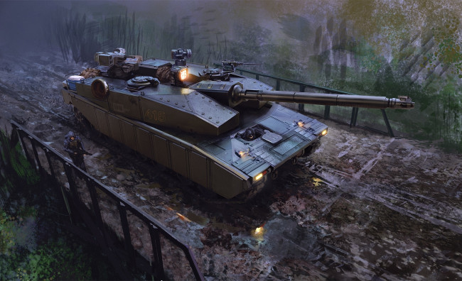 Обои картинки фото рисованное, армия, танк, мост, солдат