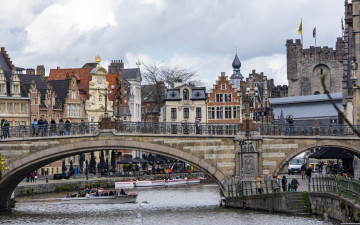 Картинка города гент+ бельгия канал лодки мост