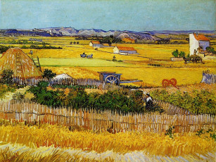 обоя harvest, landscape, with, blue, cart, рисованные, vincent, van, gogh
