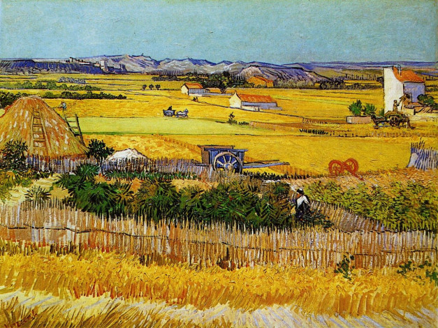 Обои картинки фото harvest, landscape, with, blue, cart, рисованные, vincent, van, gogh