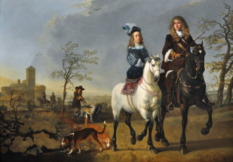 обоя lady, and, gentleman, on, horseback, рисованные, aelbert, cuyp, собака, всадник, всадница, лошадь