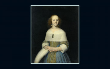 Картинка портрет стоящей молодой женщины пером страуса левой руке рисованные isaac luttichuys женщина перо