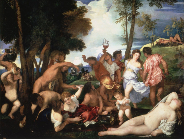 Обои картинки фото bacchanal, of, the, andrians, рисованные, tiziano, vecellio, тициан