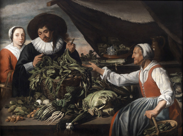 Обои картинки фото adriaen, van, utrecht, рисованные, продавщица, овощи, рынок