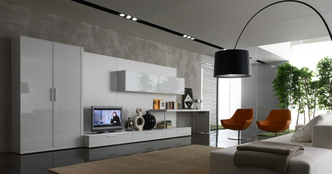 Обои картинки фото интерьер, гостиная, телевизор, хай-тек, диван, кресла, лампа, шкаф