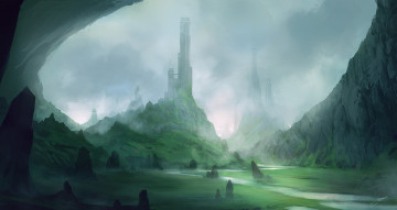 Картинка фэнтези пейзажи река долина горы башни замки