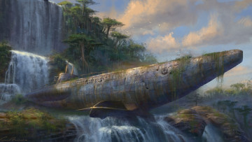 Картинка фэнтези иные+миры +иные+времена лес водопад лодка подводная утес запустение