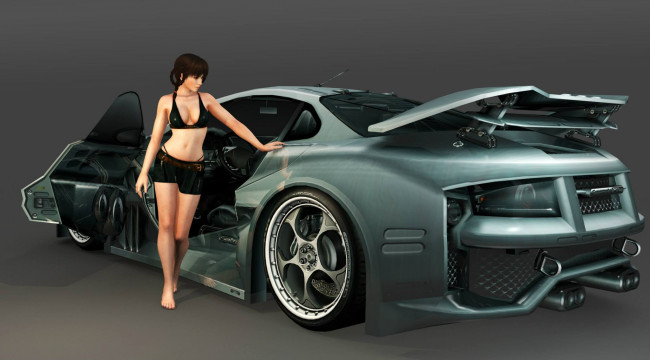 Обои картинки фото автомобили, 3d car&girl, взгляд, девушка, автомобиль, фон