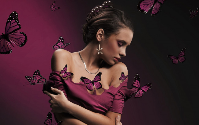Обои картинки фото девушки, -unsort , брюнетки,  шатенки, beautiful, face, person, butterflies, бабочки, girl, женщина