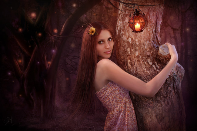 Обои картинки фото фэнтези, фотоарт, шатенка, улыбка, ночь, фонарики, лес, арт, нарисованная, девушка, деревья
