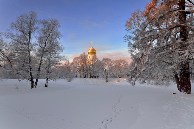 Обои картинки фото города, санкт-петербург,  петергоф , россия, храм, утро, зима