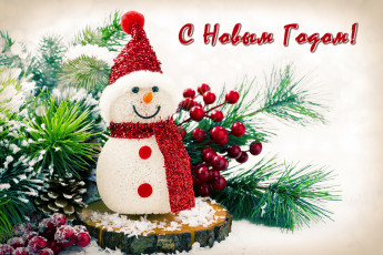 обоя праздничные, снеговики, шапка, ягоды, шишка, сосна, праздник, снеговик, шарф