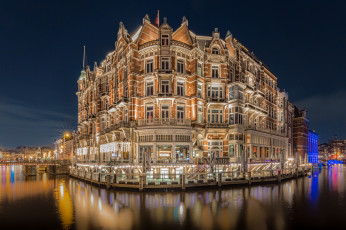 обоя hotel de l`europe,  amsterdam, города, амстердам , нидерланды, здание, ночь, вода