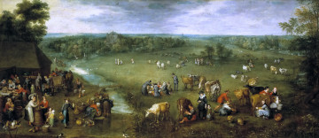 Картинка рисованное живопись картина жизнь фламандской деревни пейзаж люди животные дом ручей