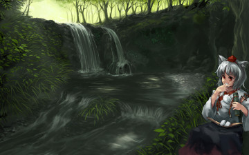 Картинка аниме touhou девушка вода деревья водопад