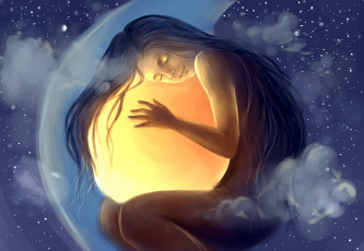 Картинка фэнтези девушки облака сфера звезды шар сон