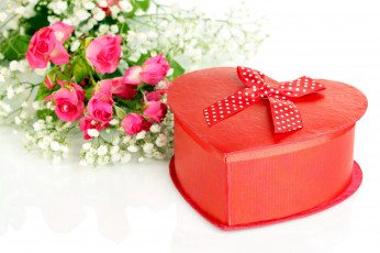 обоя праздничные, день святого валентина,  сердечки,  любовь, бант, подарок, гипсофила, цветы, розы, коробка