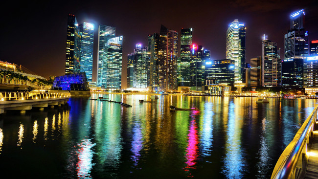 Обои картинки фото города, сингапур , сингапур, singapore, marina, bay, азия, город, ночь, залив, огни, подсветка, небоскребы, здания, высотки