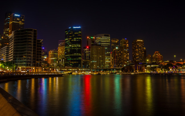 Обои картинки фото города, сидней , австралия, огни, ночь, река, небоскребы, сидней