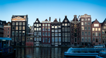 обоя города, амстердам , нидерланды, канал, дома, катера