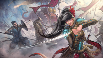 Картинка фэнтези девушки азиат слон катана девушка меч копье битва воин стрелы арт война