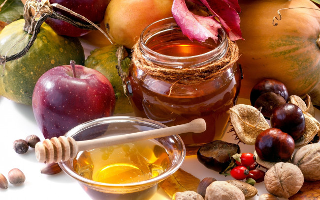 Обои картинки фото еда, мёд,  варенье,  повидло,  джем, яблоко, мед, каштаны, орехи