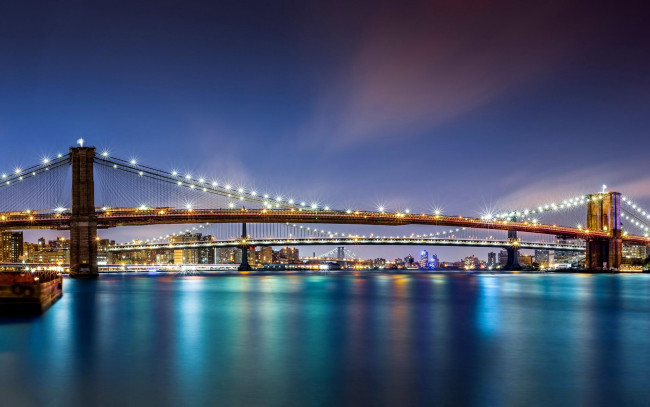 Обои картинки фото города, нью-йорк , сша, манхэттен, огни, река, бруклинский, мост