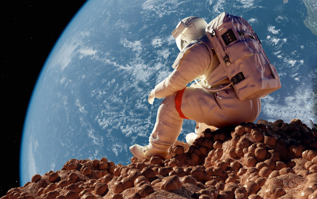 Обои картинки фото космос, астронавты, космонавты, земля, сидит, пространство, космонавт, орбита