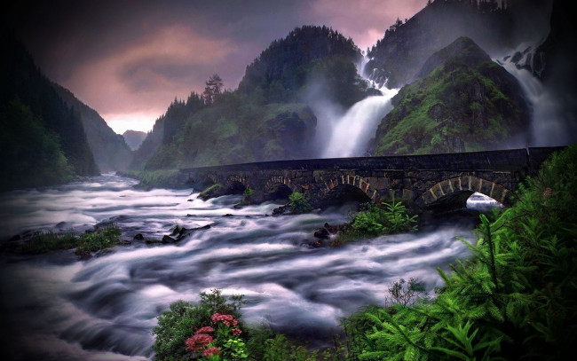 Обои картинки фото природа, водопады, горы, река, мост