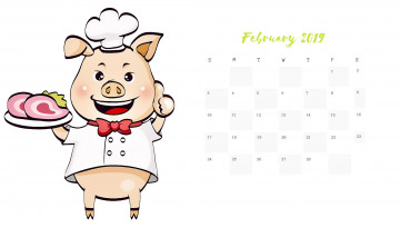 обоя календари, рисованные,  векторная графика, свинья, колпак, поросенок, повар, блюдо