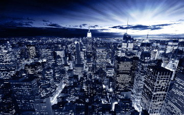 Картинка города нью-йорк+ сша вечер облака огни панорама дома здания